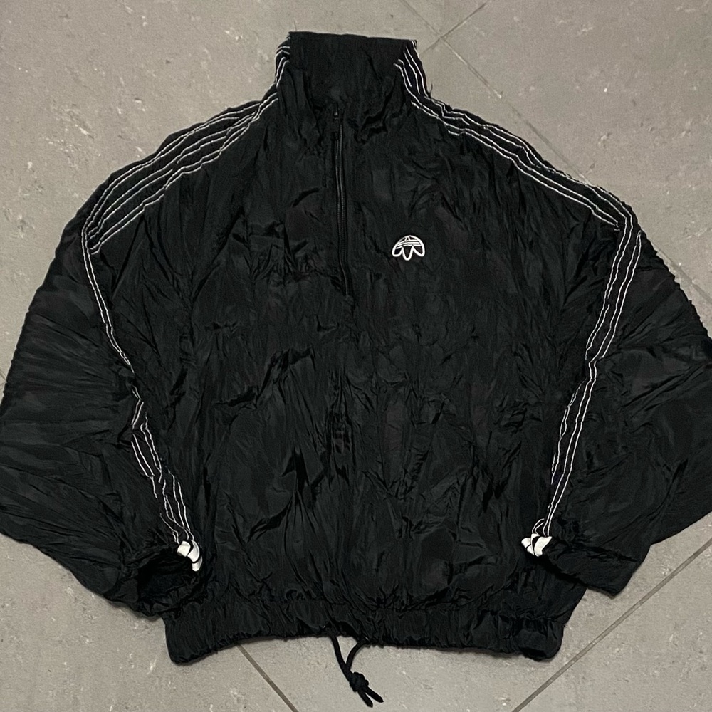 Adidas Black Windbreaker with High Collar and Stripes